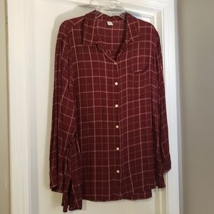 Burgundy, light pink plaid button down top